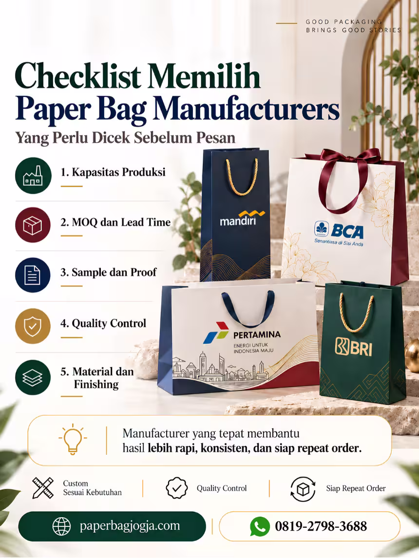 Checklist Memilih Paper Bag Manufacturers untuk Bisnis Infografis checklist memilih paper bag manufacturers berdasarkan kapasitas, MOQ, material, sample, proof, quality control, lead time, dan repeat order.