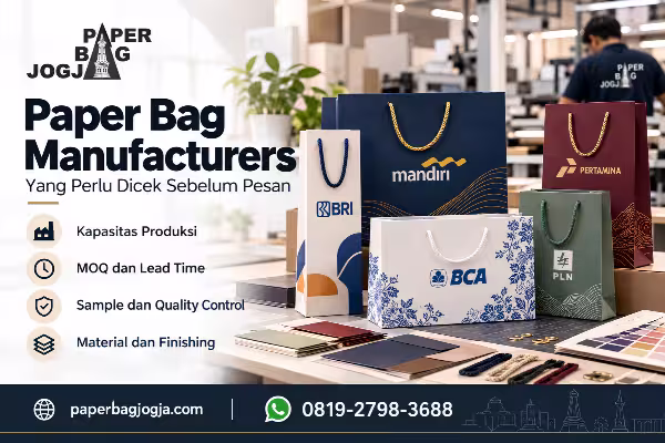 Paper Bag Jogja Custom Ekslusif 9 Proses produksi paper bag premium dengan beberapa model kemasan, material, handle, dan quality control untuk kebutuhan bisnis, disertai paperbagjogja.com dan WhatsApp 0819-2798-3688.