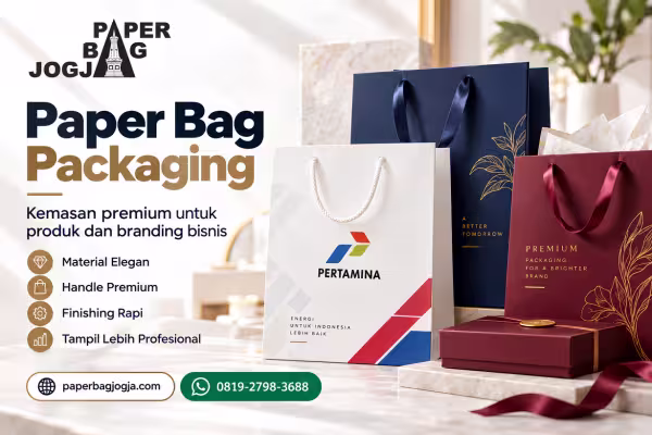 Paper bag packaging premium dengan material halus, warna elegan, handle premium, dan finishing untuk kebutuhan branding produk, disertai paperbagjogja.com dan nomor WhatsApp 0819-2798-3688.