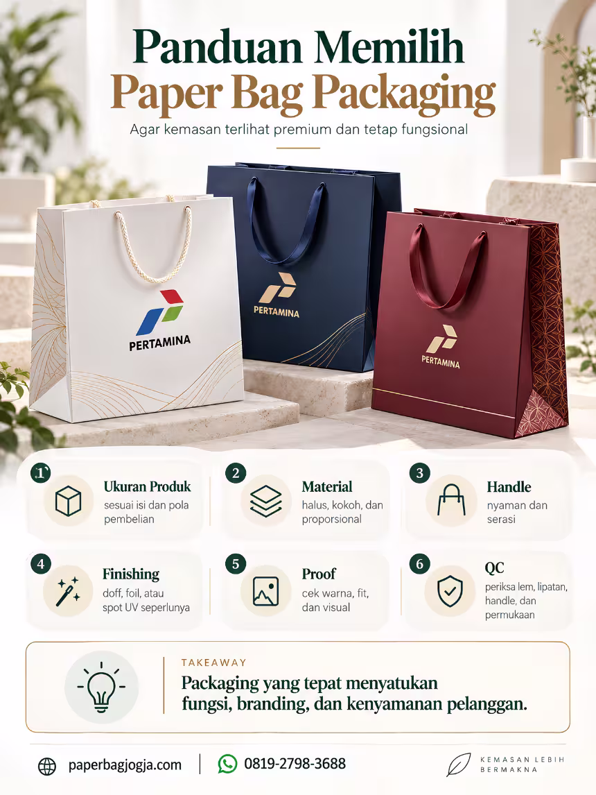 Infografis panduan memilih paper bag packaging berdasarkan ukuran produk, material, handle, finishing, penguatan, proof, dan quality control.