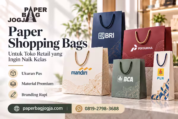 Paper Bag Jogja Custom Ekslusif 7 Paper shopping bags premium dengan beberapa bentuk, warna, handle, dan material untuk kebutuhan toko retail, disertai paperbagjogja.com dan WhatsApp 0819-2798-3688.