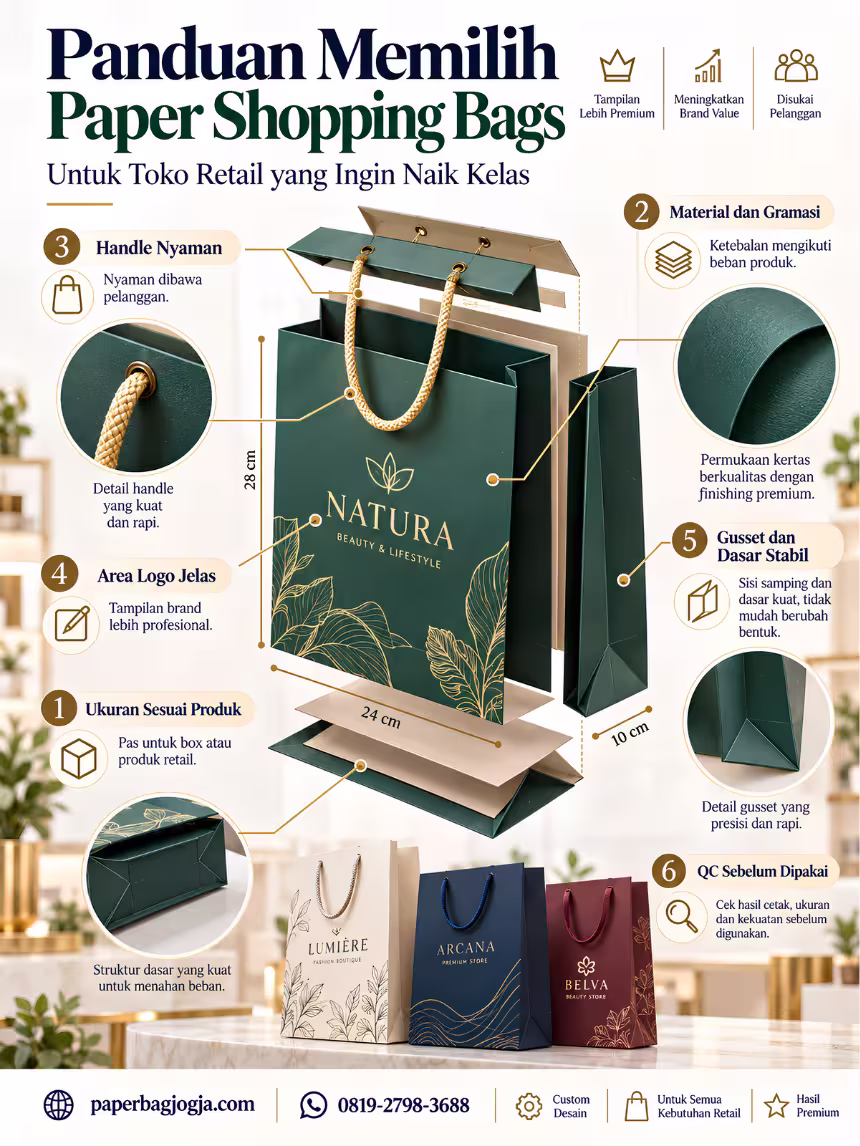 Infografis panduan memilih paper shopping bags berdasarkan ukuran produk, material, gramasi, handle, desain, finishing, quality control, dan stok retail.