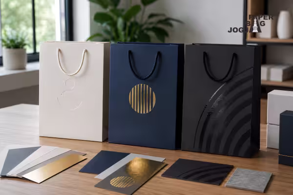 finishing paper bag premium sebagai contoh pilihan kemasan kertas yang disesuaikan dengan kebutuhan bisnis