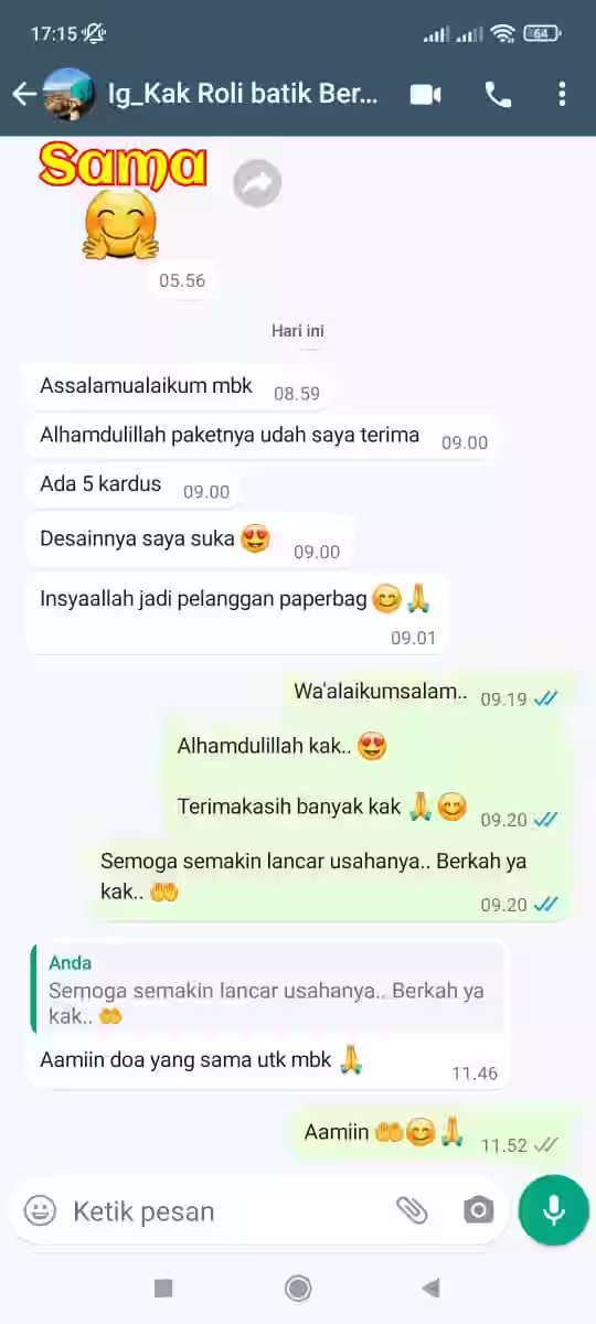 Screenshot testimoni pelanggan tas kertas custom
