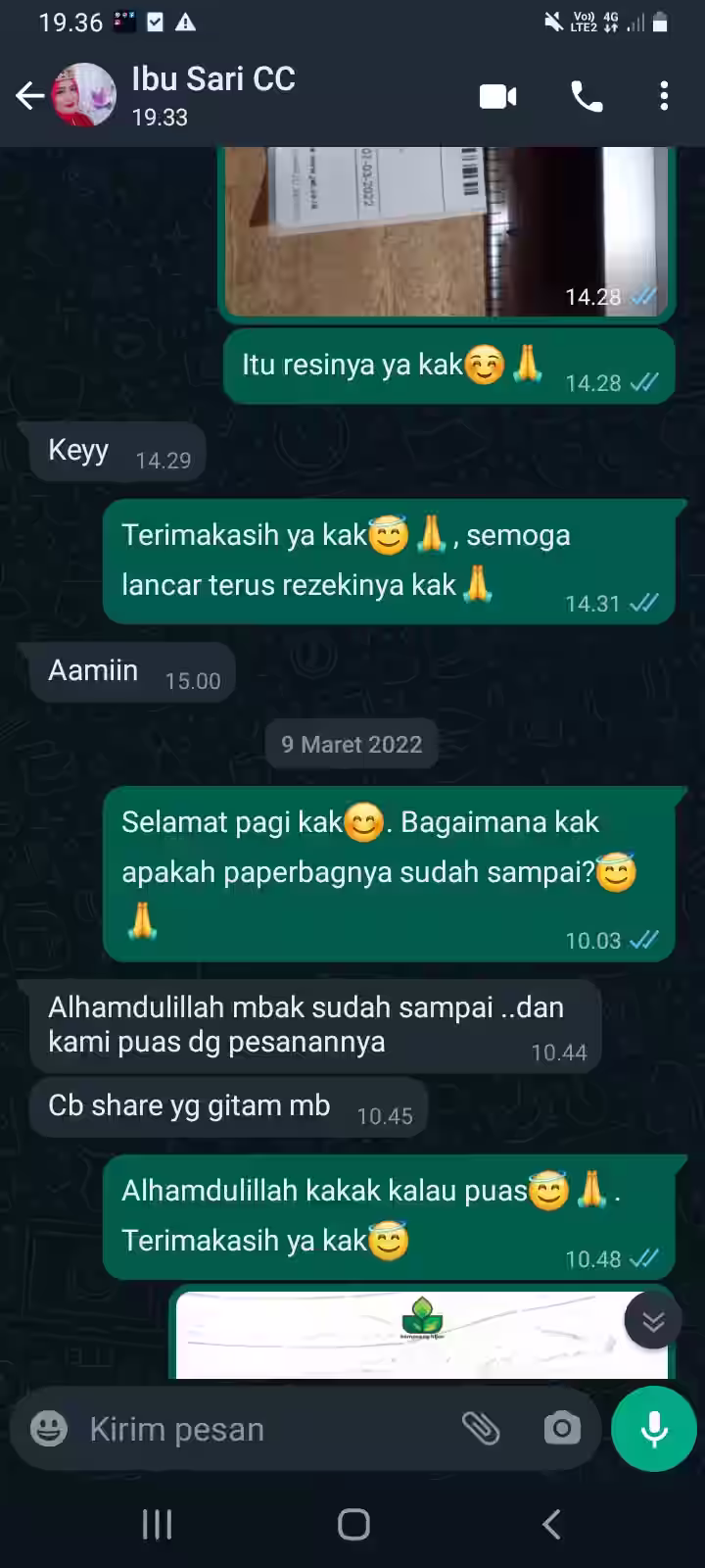 Screenshot testimoni pelanggan tas kertas custom Jogja