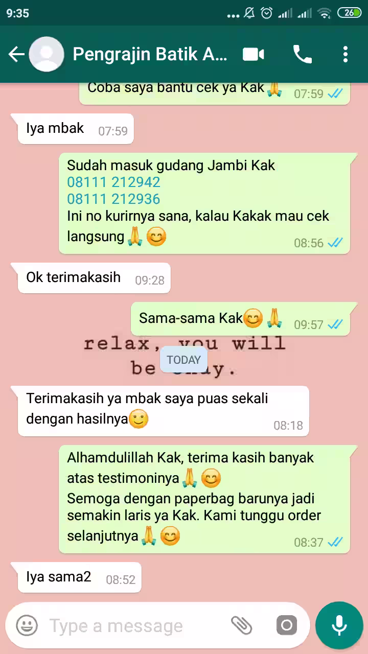 Screenshot testimoni pelanggan terhadap hasil paper bag custom