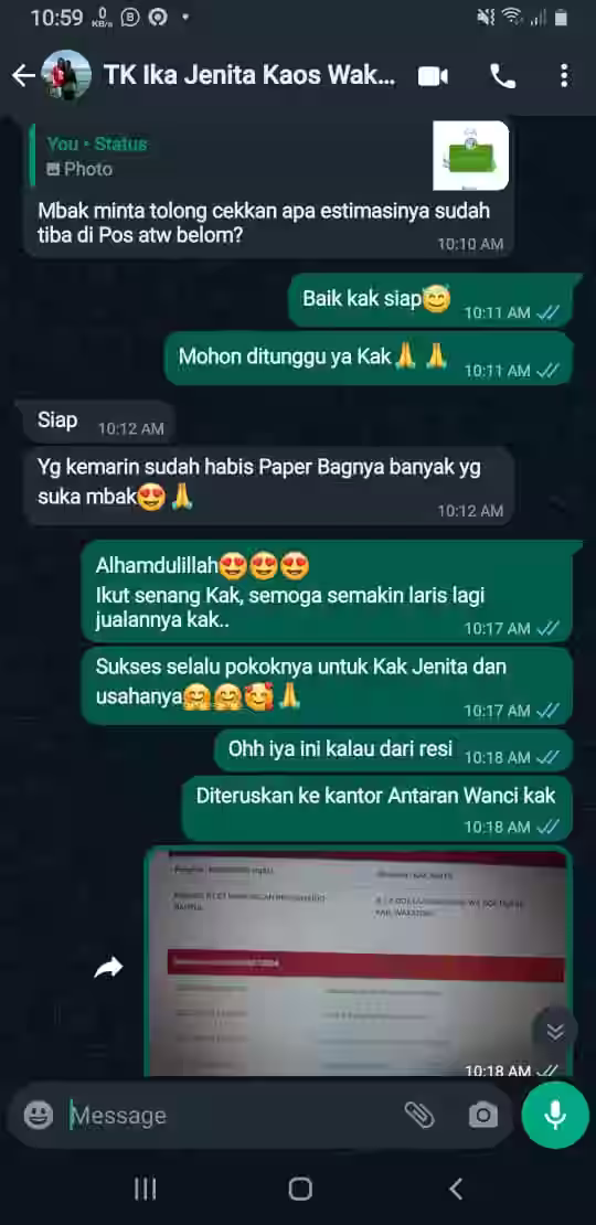 Screenshot testimoni paper bag custom dari pelanggan