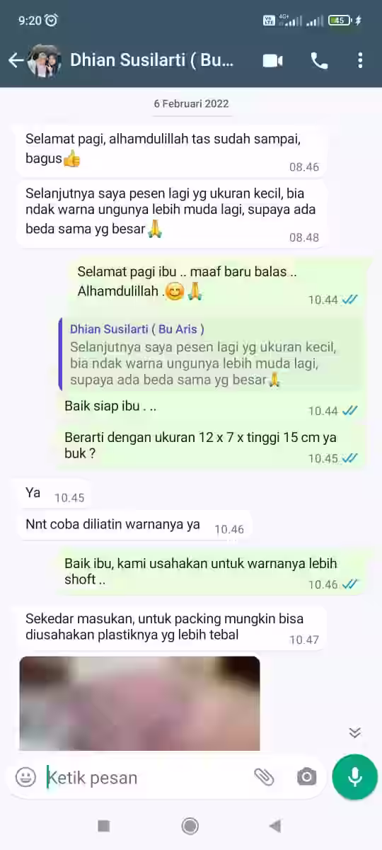 Screenshot bukti kepuasan pelanggan paper bag custom