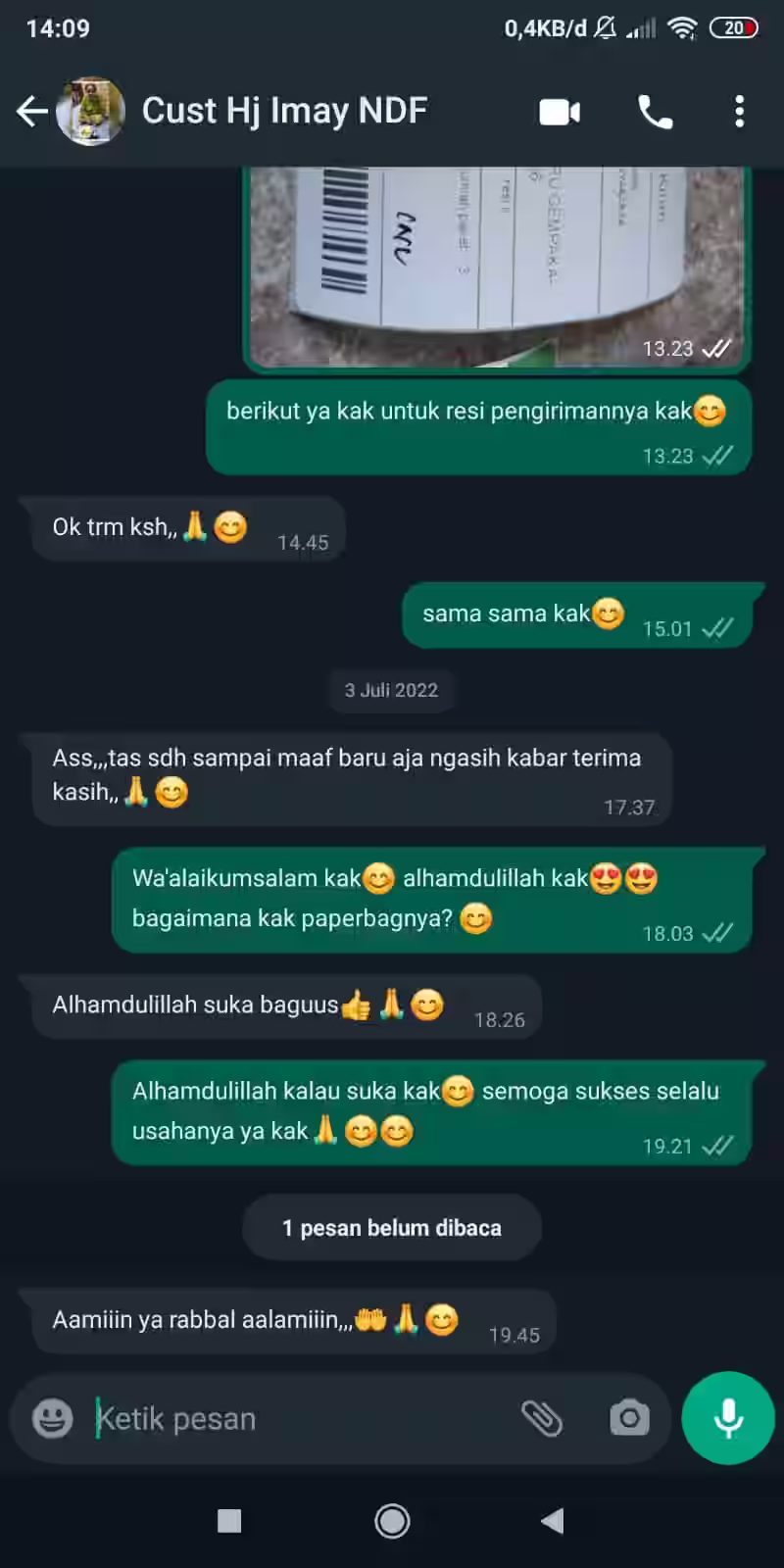 Screenshot testimoni pesanan paper bag custom