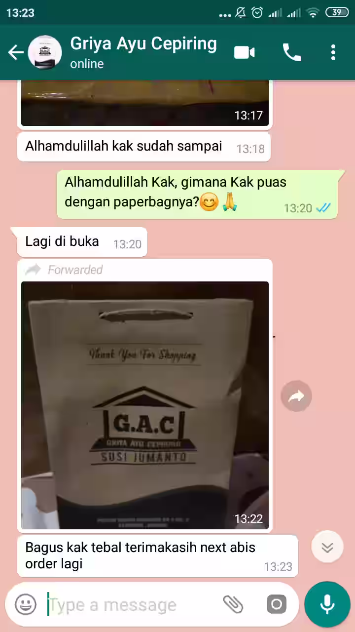 Screenshot testimoni pelanggan PaperBagJogja.com melalui WhatsApp