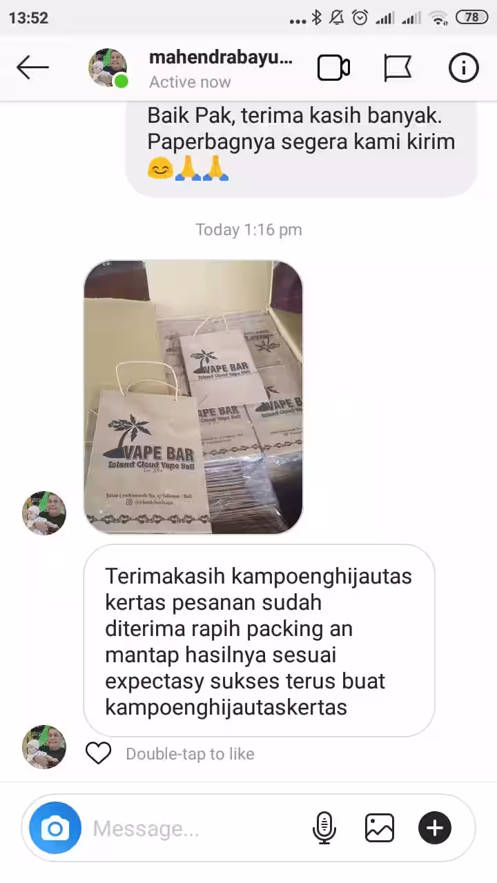 Screenshot testimoni pelanggan PaperBagJogja.com untuk kebutuhan bisnis