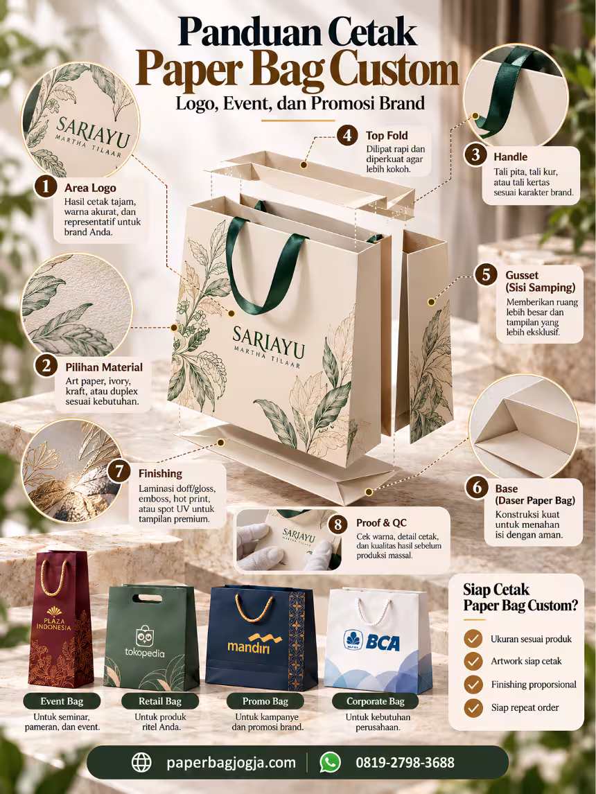 Panduan Cetak Paper Bag Custom Sebelum Produksi Infografis exploded view paper bag custom yang menjelaskan material, artwork, handle, gusset, finishing, dasar, proof, dan quality control sebelum produksi.
