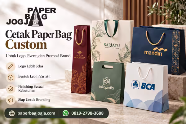 Paper Bag Jogja Custom Ekslusif 8 Berbagai model paper bag custom dengan bentuk unik, logo, warna, handle, dan finishing berbeda untuk kebutuhan branding, event, dan promosi bisnis.