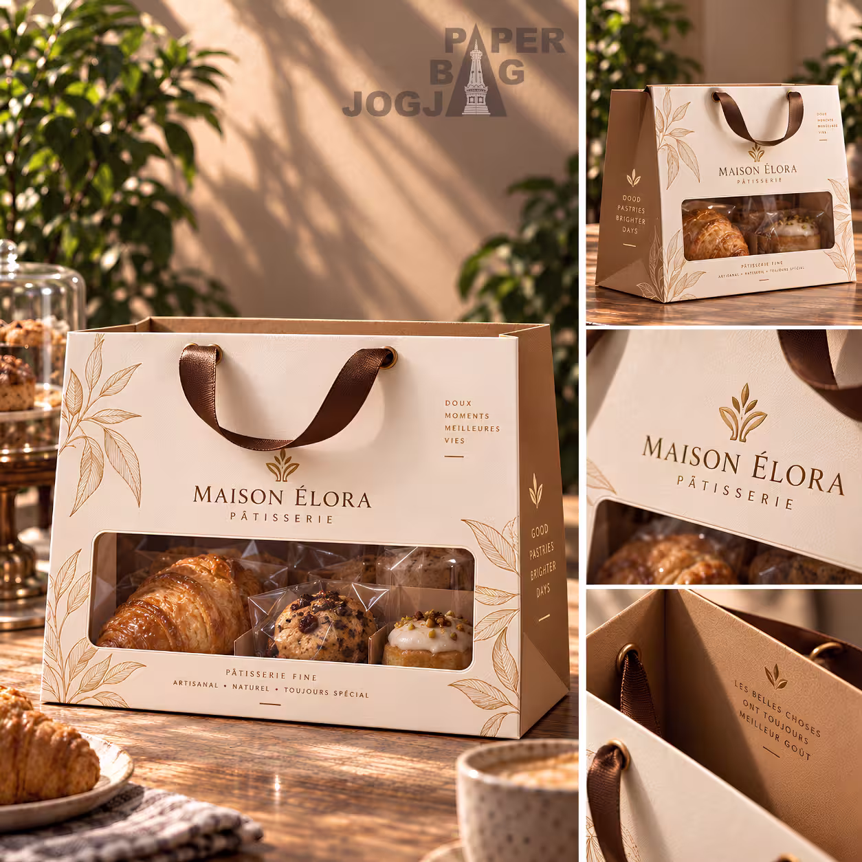 Visualisasi representatif custom paper bag untuk klien Maison Elora pada kebutuhan bakery dan F&B