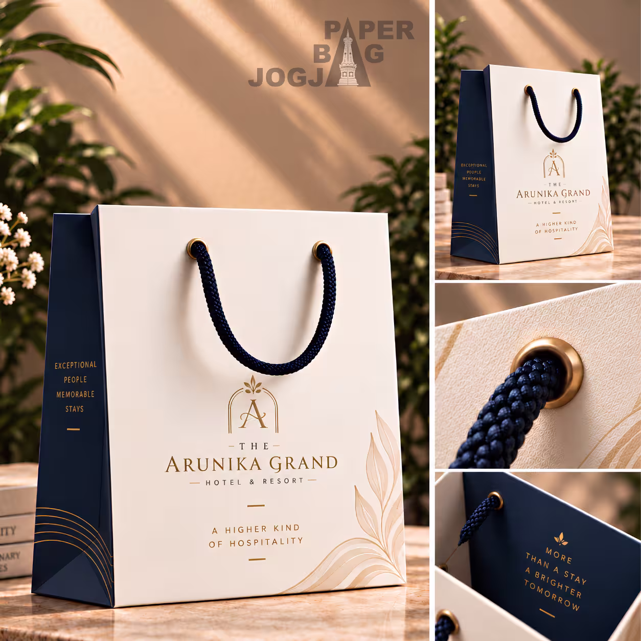 Visualisasi representatif custom paper bag untuk klien Arunika Grand pada kebutuhan hospitality
