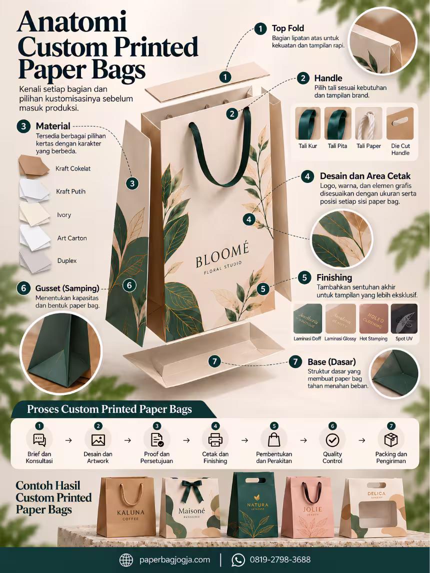 Infografis exploded view custom printed paper bags yang menjelaskan artwork, material, top fold, handle, gusset, base, finishing, dan quality control.