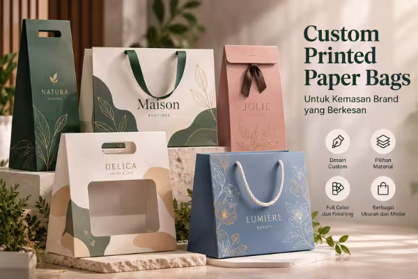 Custom printed paper bags dengan berbagai bentuk unik, artwork, warna, handle, dan finishing untuk kebutuhan branding bisnis.