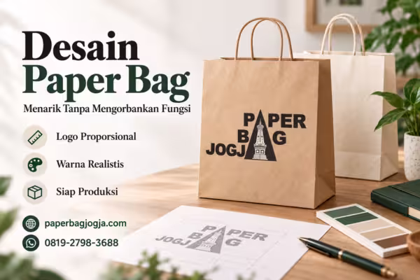 Desain paper bag dengan komposisi logo, warna, safe area, dan finishing untuk kebutuhan branding bisnis, disertai paperbagjogja.com dan nomor WhatsApp 0819-2798-3688.
