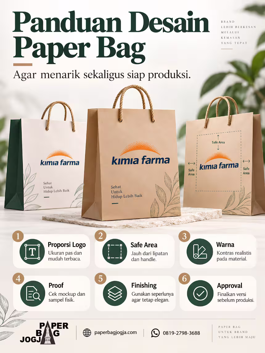 Infografis panduan desain paper bag yang menjelaskan proporsi logo, safe area, warna, proof, finishing, quality control, dan approval sebelum produksi.