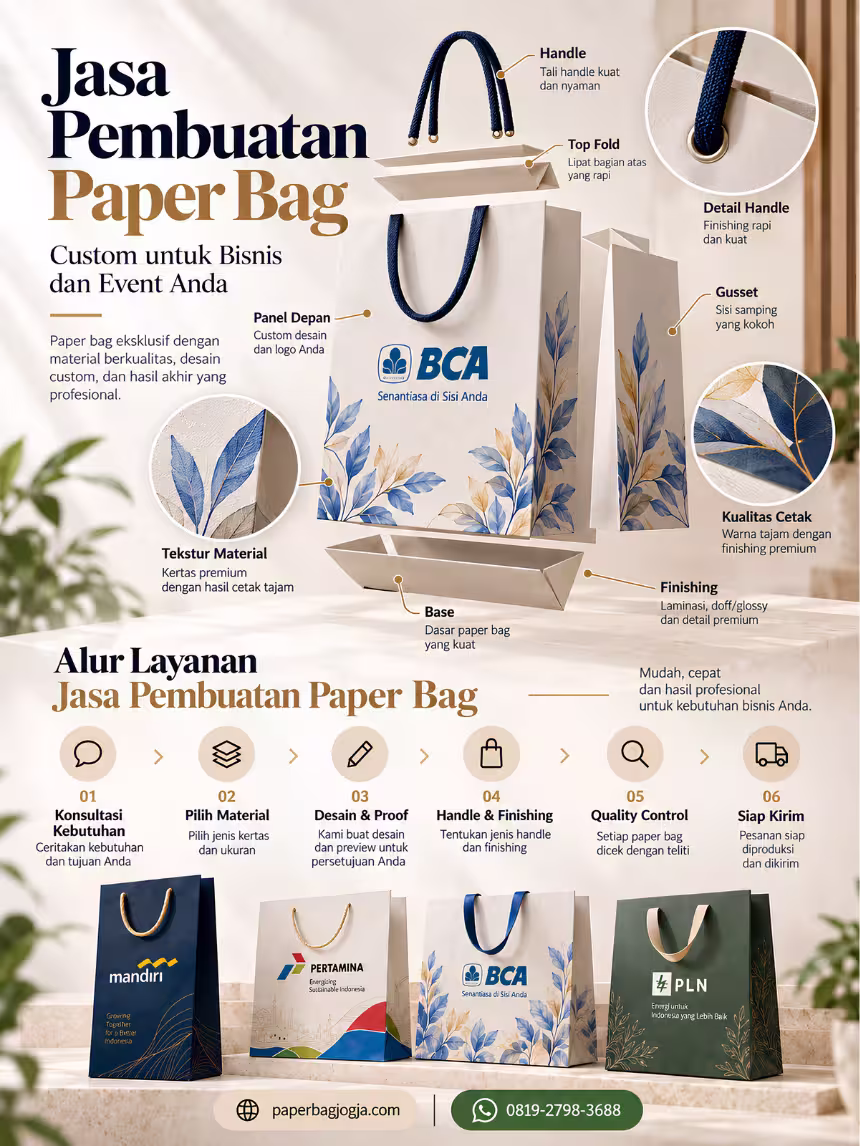 Infografis exploded view jasa pembuatan paper bag yang menjelaskan material, panel, top fold, handle, gusset, base, finishing, proof, dan quality control.