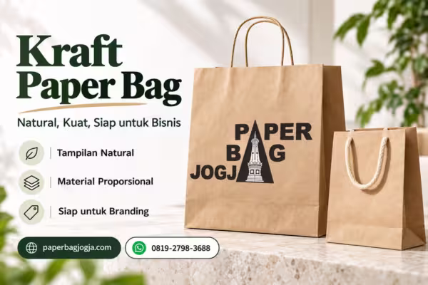 Kraft paper bag untuk kebutuhan bisnis dengan dua ukuran kemasan kraft, handle berbeda, tampilan natural, alamat paperbagjogja.com, dan nomor WhatsApp 0819-2798-3688.