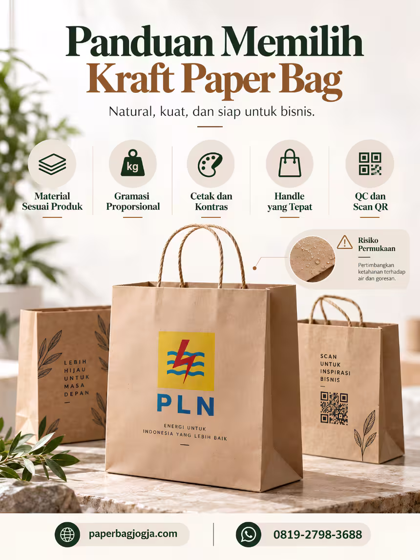 Panduan Memilih Kraft Paper Bag untuk Kebutuhan Bisnis Infografis panduan memilih kraft paper bag berdasarkan material, gramasi, cetak, handle, risiko permukaan, QR, dan quality control untuk kebutuhan bisnis.