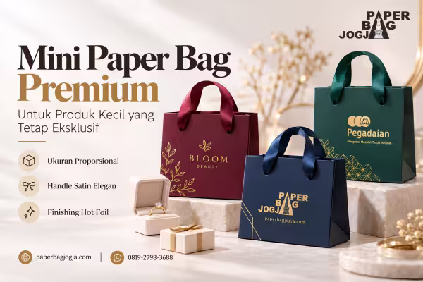 Custom mini paper bag premium untuk jewelry, beauty, gift, dan produk kecil dengan handle satin, finishing hot foil, alamat paperbagjogja.com, dan nomor WhatsApp 0819-2798-3688.