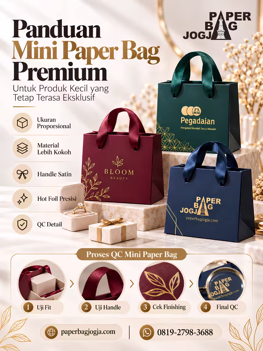 Panduan Memilih Mini Paper Bag untuk Produk Premium Infografis panduan memilih mini paper bag berdasarkan ukuran produk, material, handle satin, hot foil, scoring, penguatan, dan quality control.