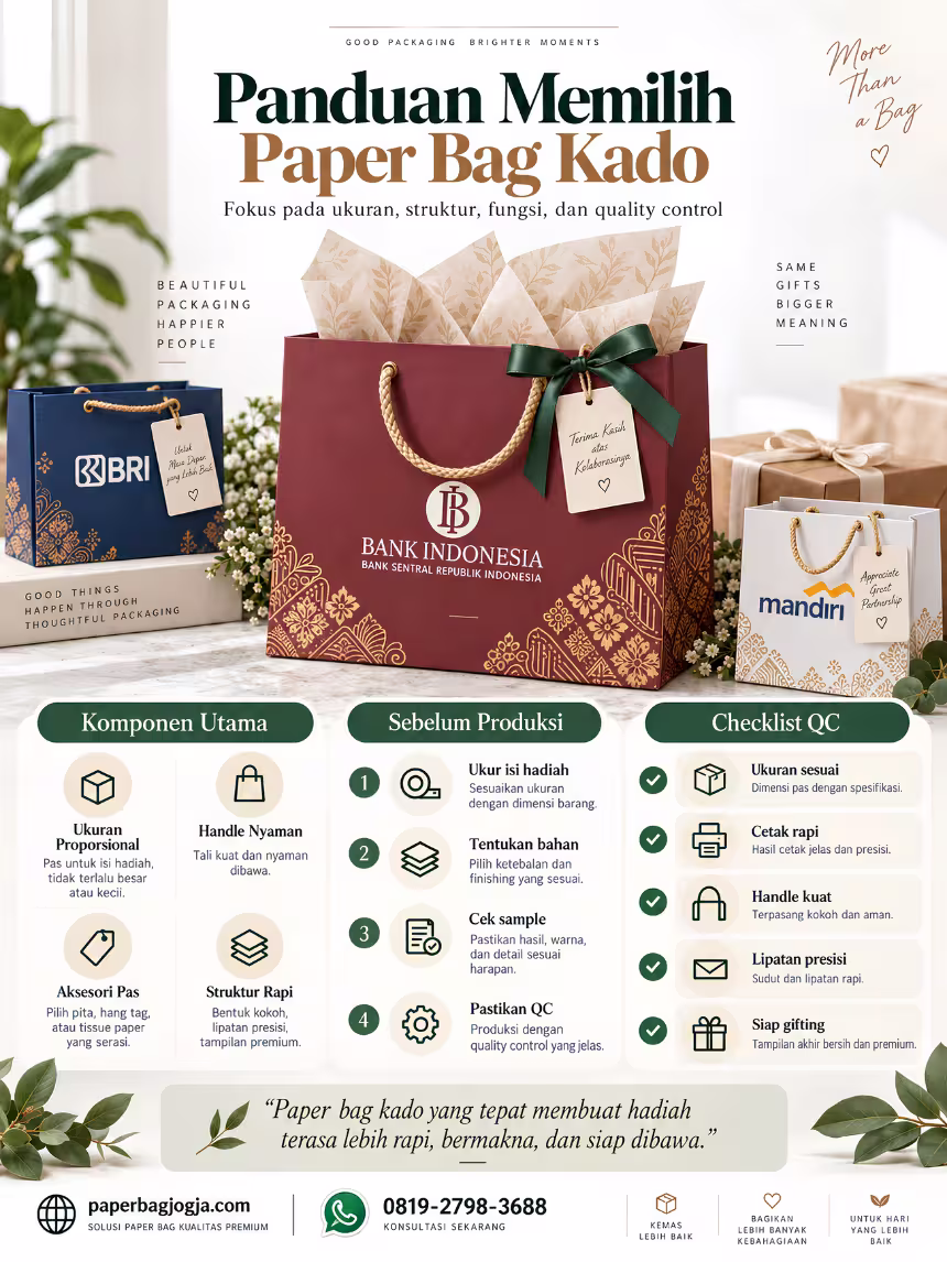 Infografis panduan memilih paper bag kado yang menjelaskan spesifikasi, struktur, quality control, dan tips efisiensi untuk kebutuhan hadiah, hampers, dan branding bisnis.