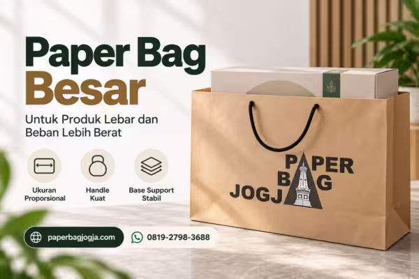 Paper bag besar untuk produk lebar dan beban lebih berat dengan struktur landscape, base board, handle kuat, alamat paperbagjogja.com, dan nomor WhatsApp 0819-2798-3688.
