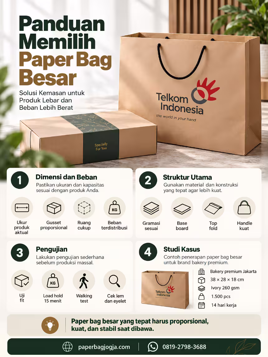 Panduan Memilih Paper Bag Besar untuk Produk Lebar dan Berat Infografis panduan memilih paper bag besar berdasarkan dimensi produk, gusset, gramasi, base board, top fold, handle, walking test, dan quality control.