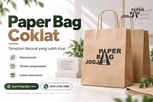 Paper bag coklat kraft untuk kebutuhan bisnis dengan tampilan natural, ukuran proporsional, alamat paperbagjogja.com, dan nomor WhatsApp 0819-2798-3688.