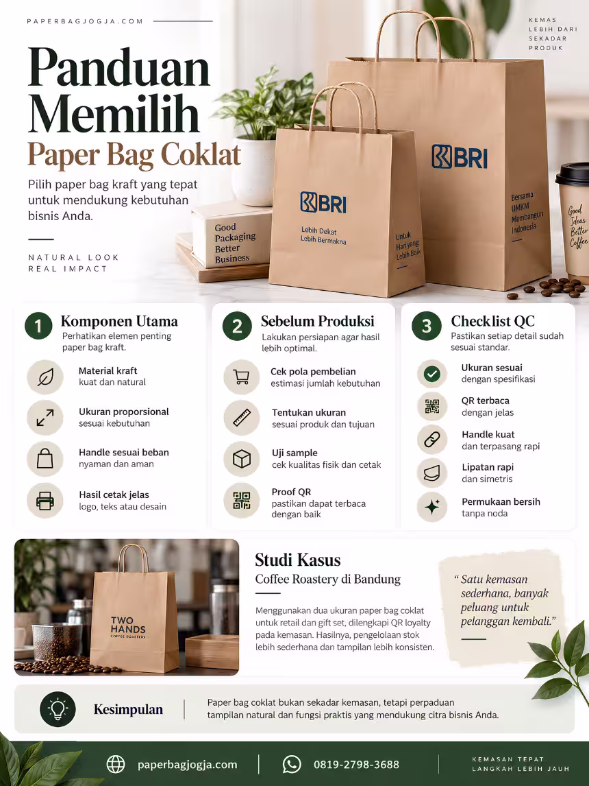 Panduan Memilih Paper Bag Coklat untuk Kebutuhan Bisnis Infografis panduan memilih paper bag coklat berdasarkan material kraft, ukuran, handle, hasil cetak, QR, dan quality control untuk kebutuhan bisnis.