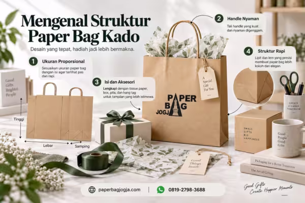 Detail struktur paper bag kado yang menjelaskan ukuran proporsional, handle nyaman, isi dan aksesori, serta konstruksi kemasan untuk kebutuhan hadiah dan hampers.