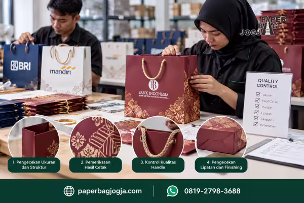 Proses quality control paper bag kado dengan pemeriksaan ukuran, hasil cetak, handle, lipatan, dan kesesuaian aksesori untuk kebutuhan gifting dan hampers.