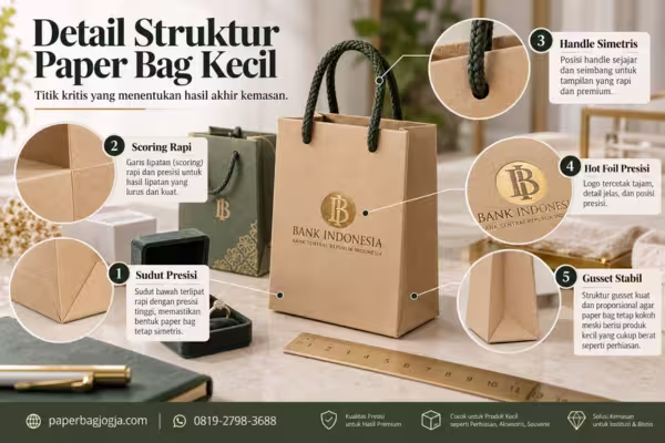 Detail struktur paper bag kecil yang memperlihatkan ketepatan scoring, sudut, area hot foil, handle, dan konstruksi pada kemasan produk ringkas.