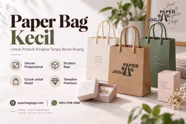 Paper bag kecil untuk produk ringkas dengan tampilan premium, struktur proporsional, alamat paperbagjogja.com, dan nomor WhatsApp 0819-2798-3688.