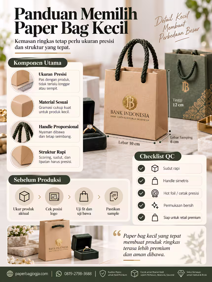 Infografis panduan memilih paper bag kecil berdasarkan ukuran produk, struktur, material, handle, uji fit, dan quality control sebelum produksi.