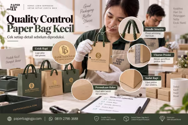 Proses quality control paper bag kecil dengan pemeriksaan cracking, alignment hot foil, simetri handle, sudut, dan permukaan kemasan.
