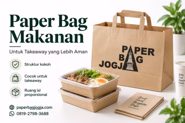 Paper bag makanan untuk kebutuhan takeaway dengan box bento, struktur landscape, alamat paperbagjogja.com, dan nomor WhatsApp 0819-2798-3688.
