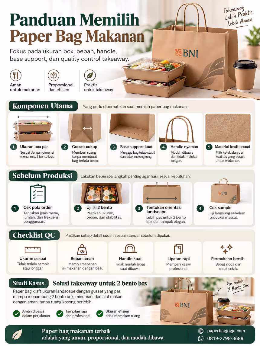 Panduan Memilih Paper Bag Makanan untuk Takeaway Infografis panduan memilih paper bag makanan berdasarkan ukuran box, gusset, base support, handle, kondisi takeaway, dan quality control, dengan alamat paperbagjogja.com dan nomor WhatsApp 0819-2798-3688.