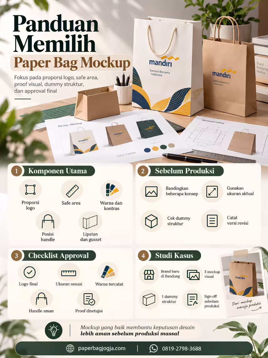 Panduan Paper Bag Mockup dan Approval Sebelum Produksi Infografis panduan paper bag mockup yang menjelaskan proporsi logo, safe area, warna, proof, dummy struktur, dan approval sebelum produksi.