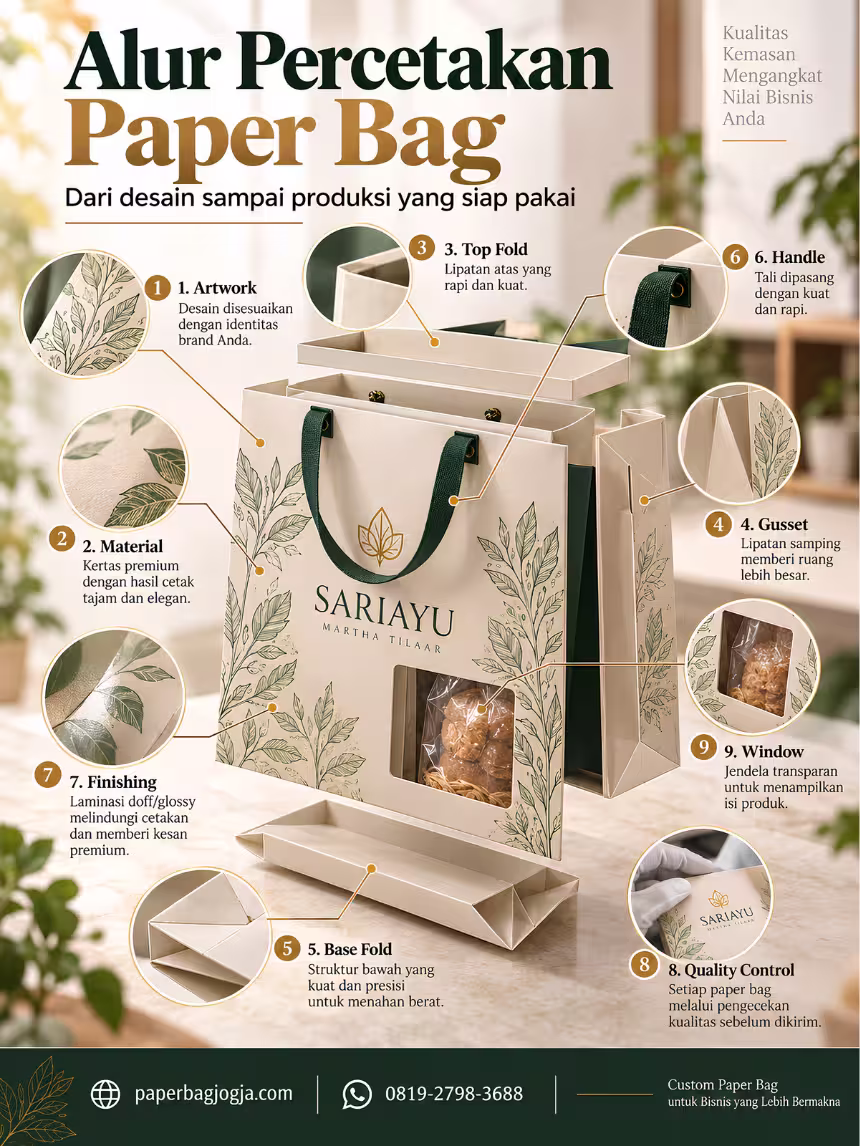 Alur Percetakan Paper Bag dari Desain sampai Produksi Infografis exploded view alur percetakan paper bag yang menjelaskan material, panel cetak, top fold, gusset, handle, finishing, dasar, dan quality control.