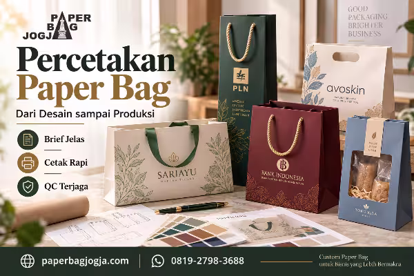 Paper Bag Jogja Custom Ekslusif 7 Proses percetakan paper bag dengan berbagai bentuk unik, material, desain, handle, finishing, dan hasil produksi untuk kebutuhan bisnis.