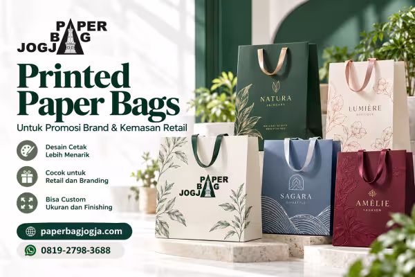 Printed paper bags premium dengan cetak logo dan warna brand untuk kemasan retail, dilengkapi paperbagjogja.com dan WhatsApp 0819-2798-3688.