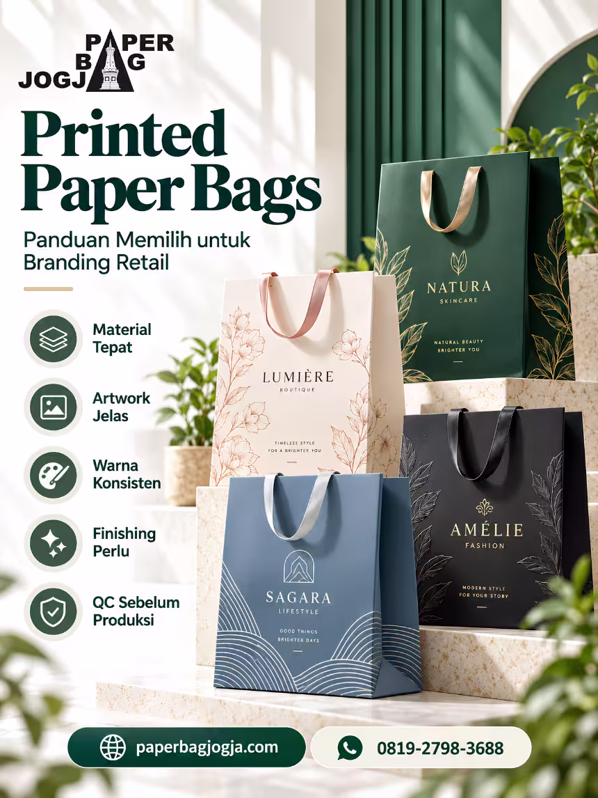 Infografis panduan memilih printed paper bags berdasarkan material, artwork, warna, teknik cetak, finishing, proof, dan quality control.