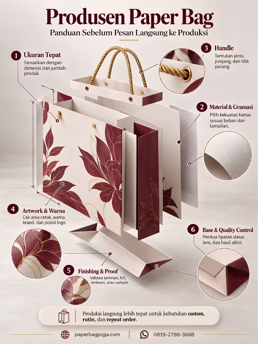 Infografis exploded view paper bag yang menjelaskan ukuran, material, handle, top fold, gusset, dasar, cetak, finishing, proof, dan quality control sebelum produksi.
