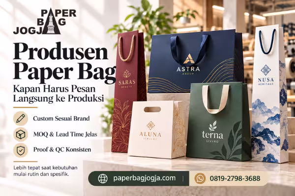 Paper Bag Jogja Custom Ekslusif 9 Proses produksi paper bag custom dengan berbagai bentuk, material, warna, handle, dan finishing untuk kebutuhan bisnis, disertai paperbagjogja.com dan WhatsApp 0819-2798-3688.